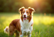Chien berger australien merle rouge en plein air dans un pré ensoleillé