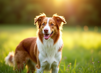 Chien berger australien merle rouge en plein air dans un pré ensoleillé