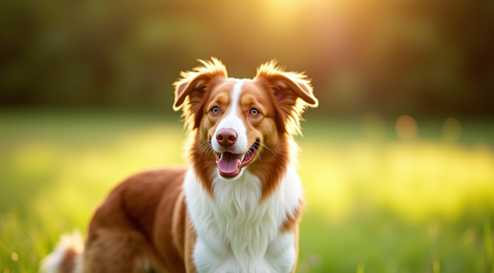 Chien berger australien merle rouge en plein air dans un pré ensoleillé