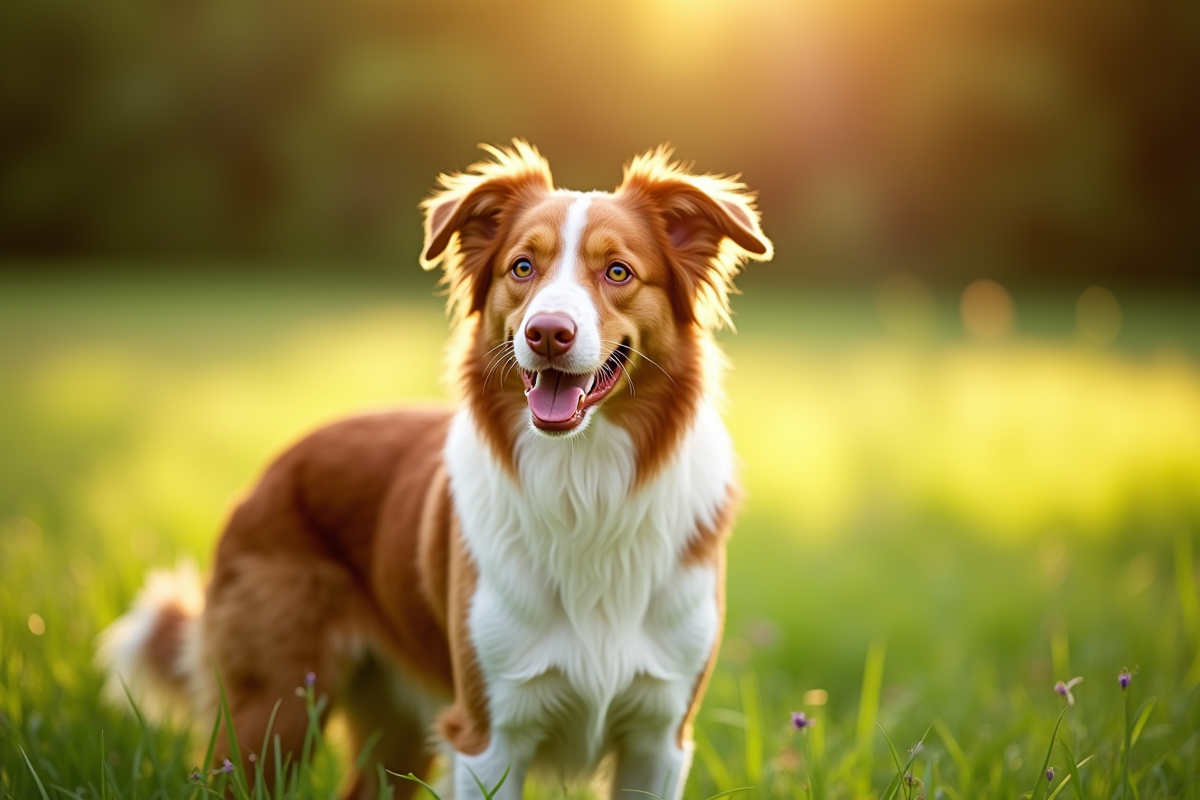 Chien berger australien merle rouge en plein air dans un pré ensoleillé