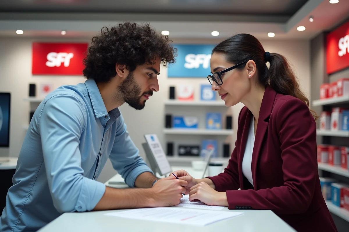 Client et conseiller en boutique SFR discutant d'un contrat d'assurance vol et casse Chubb pour smartphone