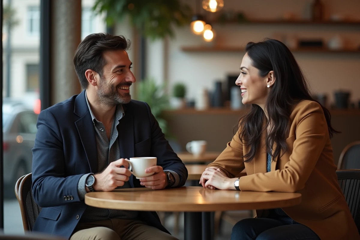 Homme et femme discutent dans un café urbain