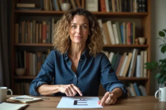 Femme adulte expliquant la lettre É majuscule avec accent aigu sur une feuille de papier dans un bureau à domicile entouré de livres de grammaire française