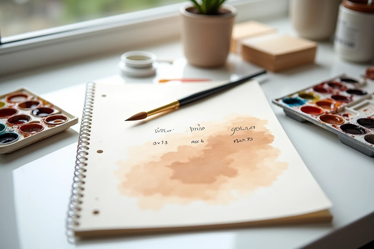 Carnet de croquis avec nuancier de teintes marron et formules de mélange pour débutants en peinture aquarelle