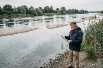 Homme consultant une carte au bord de la Loire, fleuve français aux rives sablonneuses et saules pleureurs