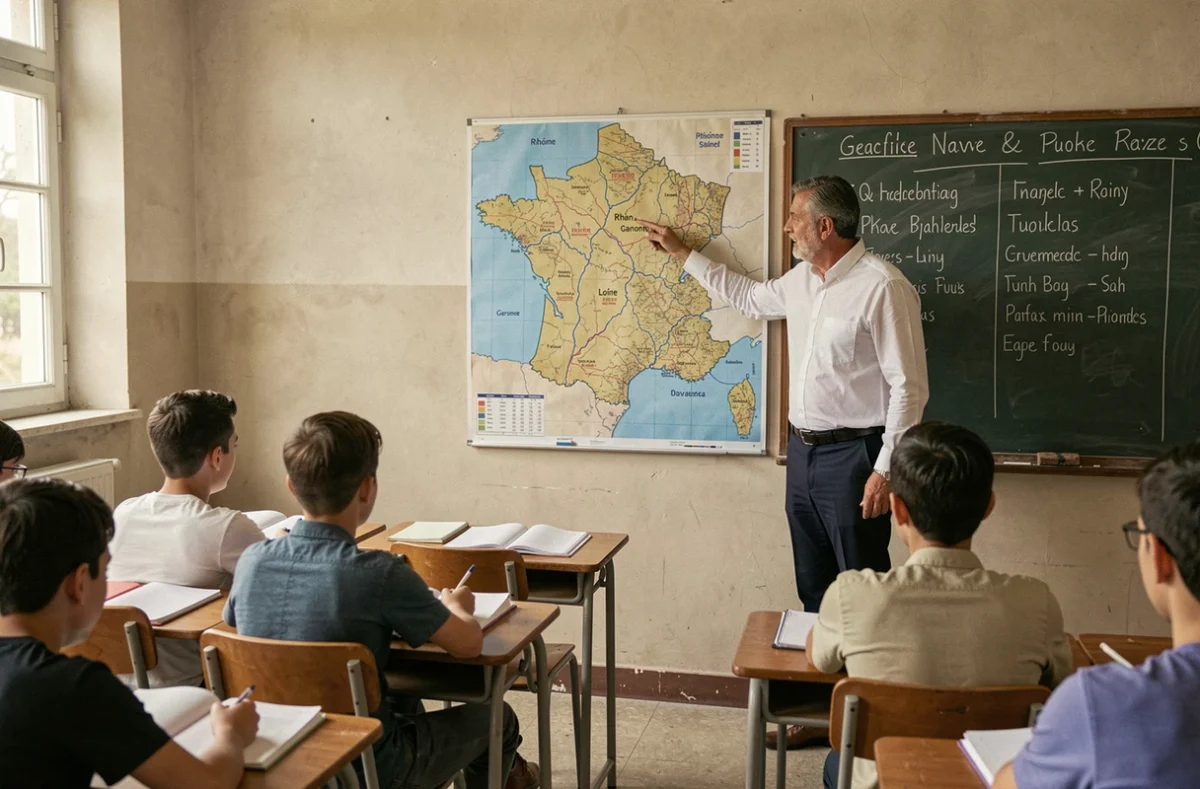 Professeur de géographie présentant une carte des fleuves de France devant une classe