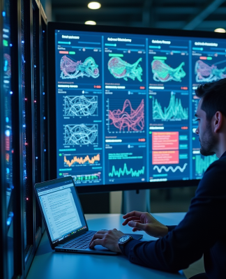 Centre de données moderne avec serveurs et diagrammes neural