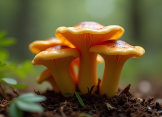Champignons funnel chanterelle frais en forêt naturelle