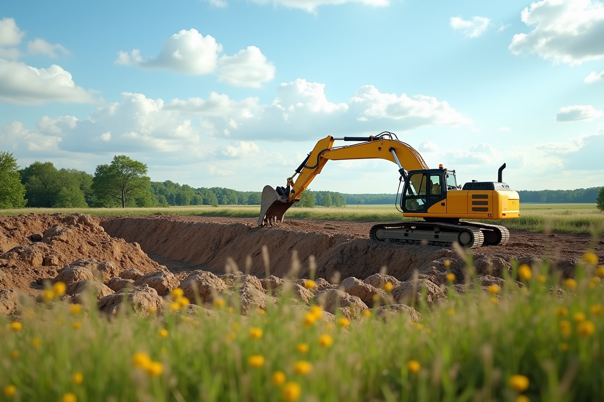 Chantier avec excavatrice et fondations de maison