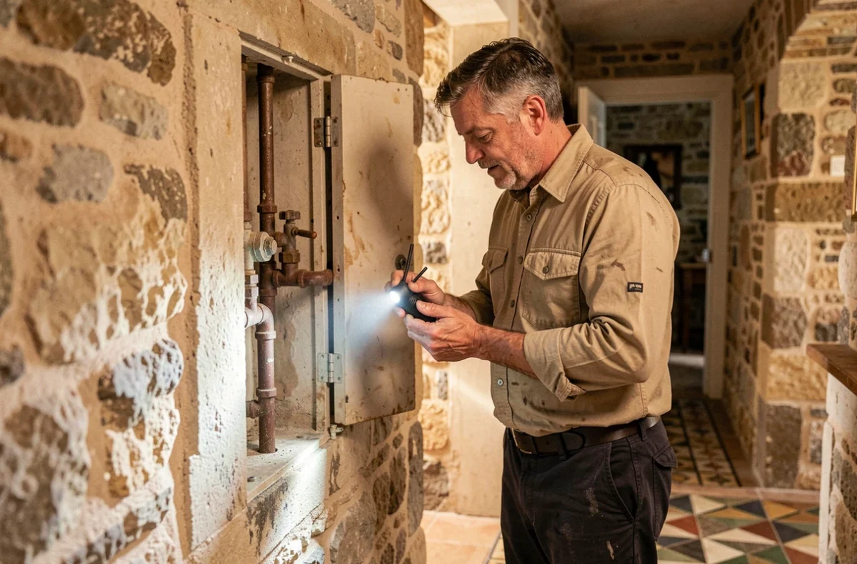 Alain Chevreul, plombier expérimenté, inspectant une ancienne tuyauterie en fonte dans une maison en pierre de l'Anjou