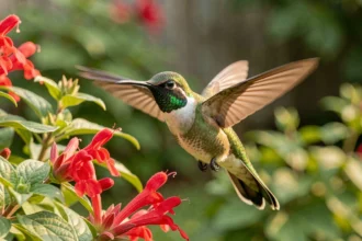 Colibri gorge-de-rubis en vol stationnaire devant des fleurs de sauge rouge dans un jardin fleuri