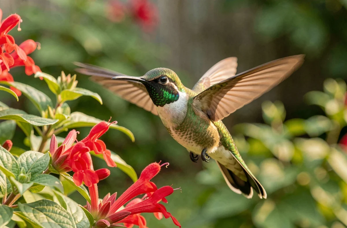 Colibri gorge-de-rubis en vol stationnaire devant des fleurs de sauge rouge dans un jardin fleuri