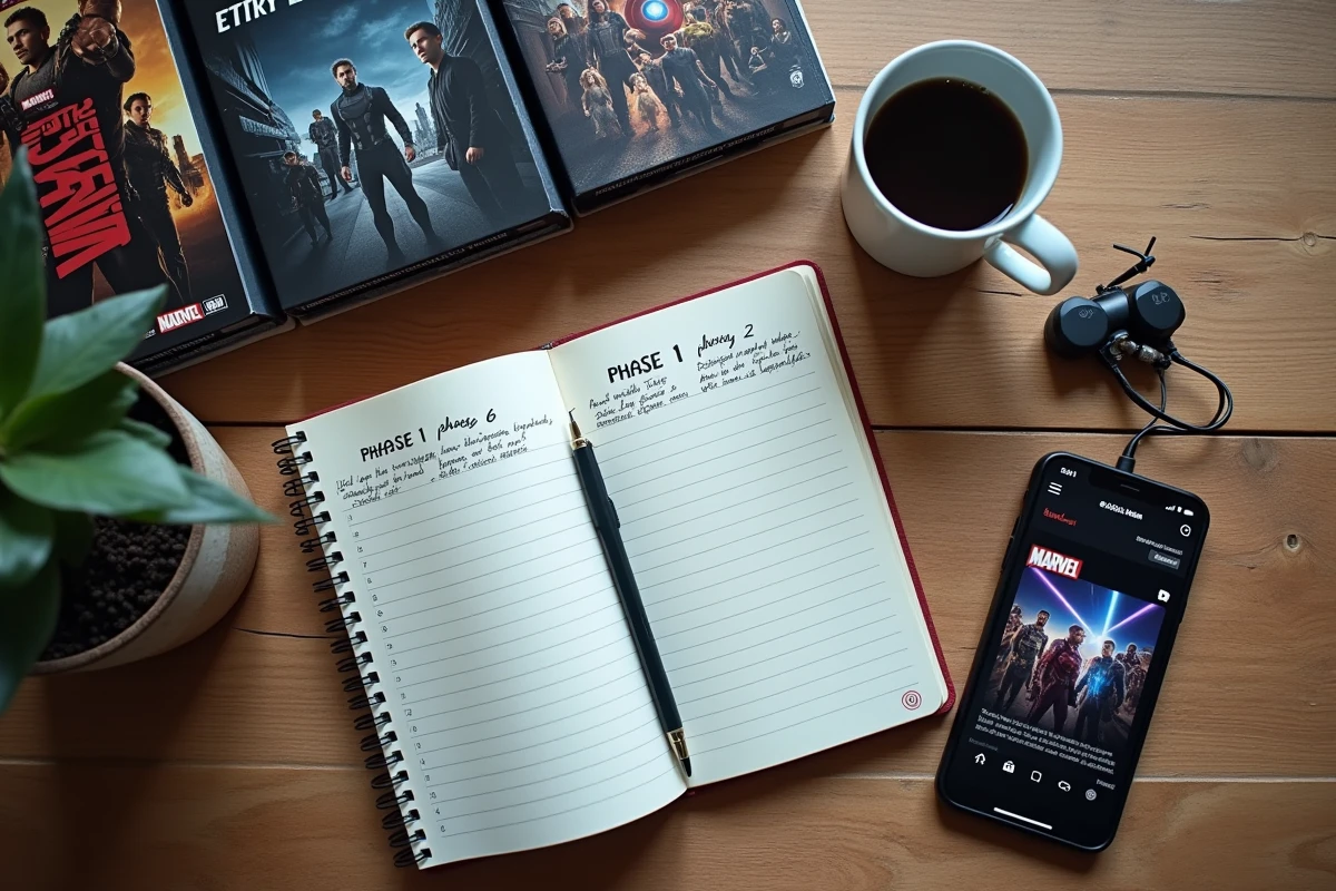 Vue du dessus d'une collection de films Marvel organisés par phases avec un cahier manuscrit de l'ordre de visionnage MCU 2026