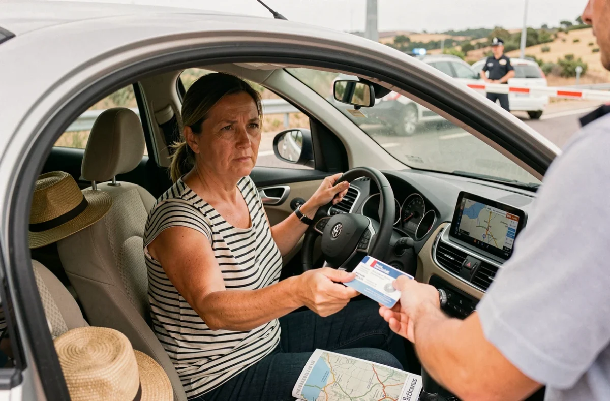 Conductrice française remettant son permis de conduire lors d'un contrôle routier en Espagne