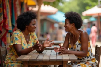 Deux femmes antillaises en conversation animée au marché, illustrant les expressions créoles et leur double sens culturel