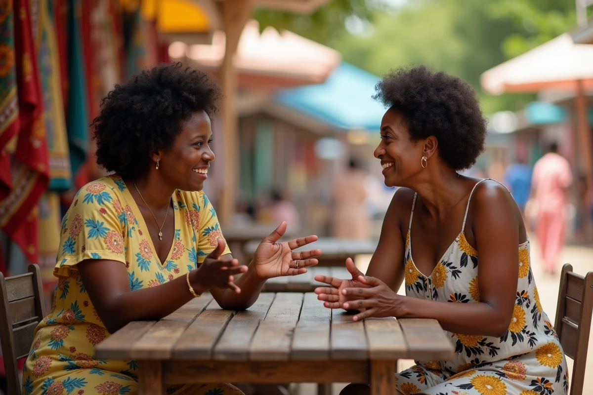 Deux femmes antillaises en conversation animée au marché, illustrant les expressions créoles et leur double sens culturel