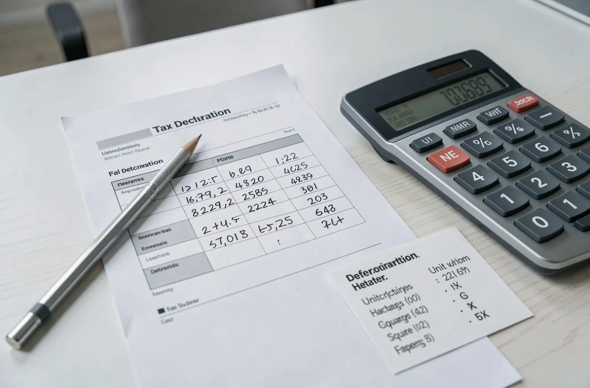 Gros plan sur un formulaire de déclaration fiscale avec calculatrice et tableau de conversion hectares en mètres carrés