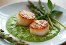 Coquilles seichees sur assiette blanche avec purée de pois