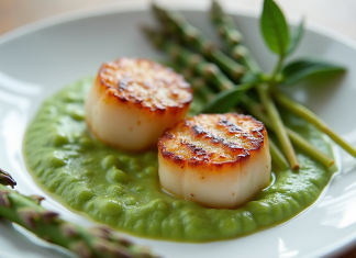 Coquilles seichees sur assiette blanche avec purée de pois