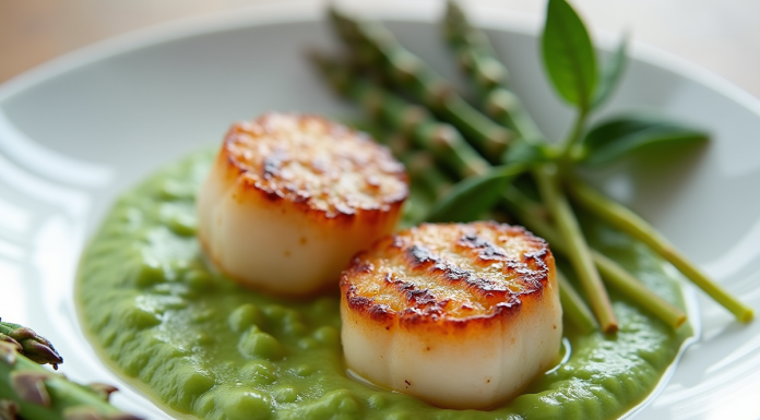 Coquilles seichees sur assiette blanche avec purée de pois