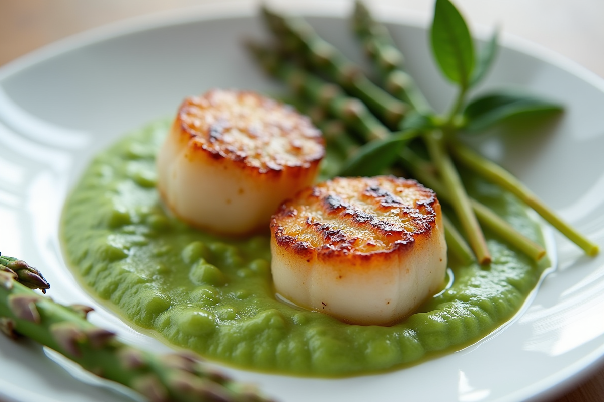 Coquilles seichees sur assiette blanche avec purée de pois