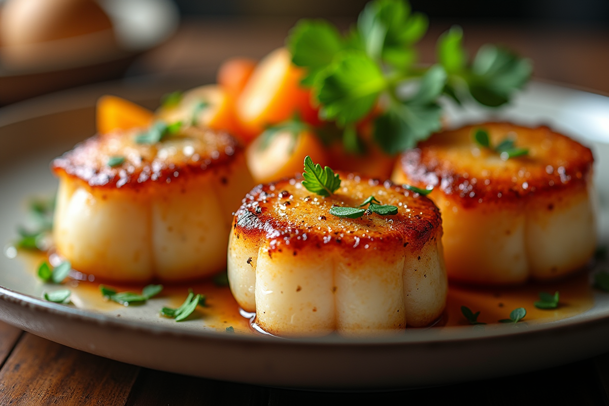Coquilles seichees avec legumes rôtis et herbes fraîches