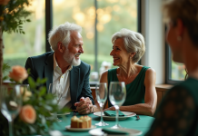 Couple senior souriant lors d'un diner d'anniversaire de mariage