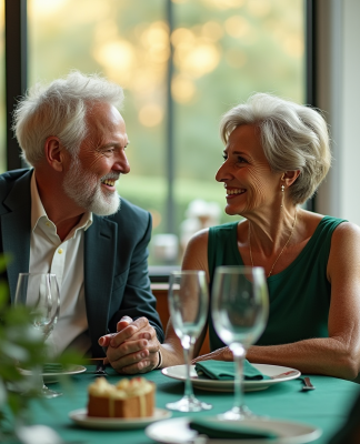 Couple senior souriant lors d'un diner d'anniversaire de mariage