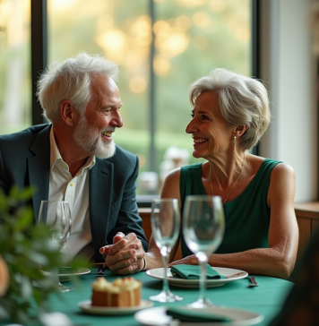 Couple senior souriant lors d'un diner d'anniversaire de mariage