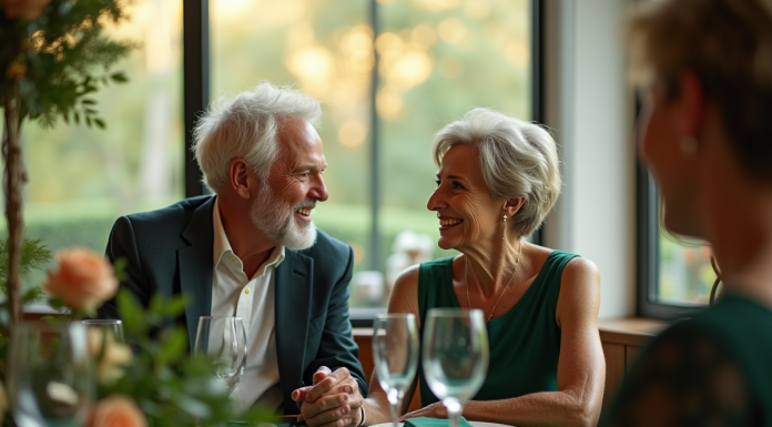 Couple senior souriant lors d'un diner d'anniversaire de mariage