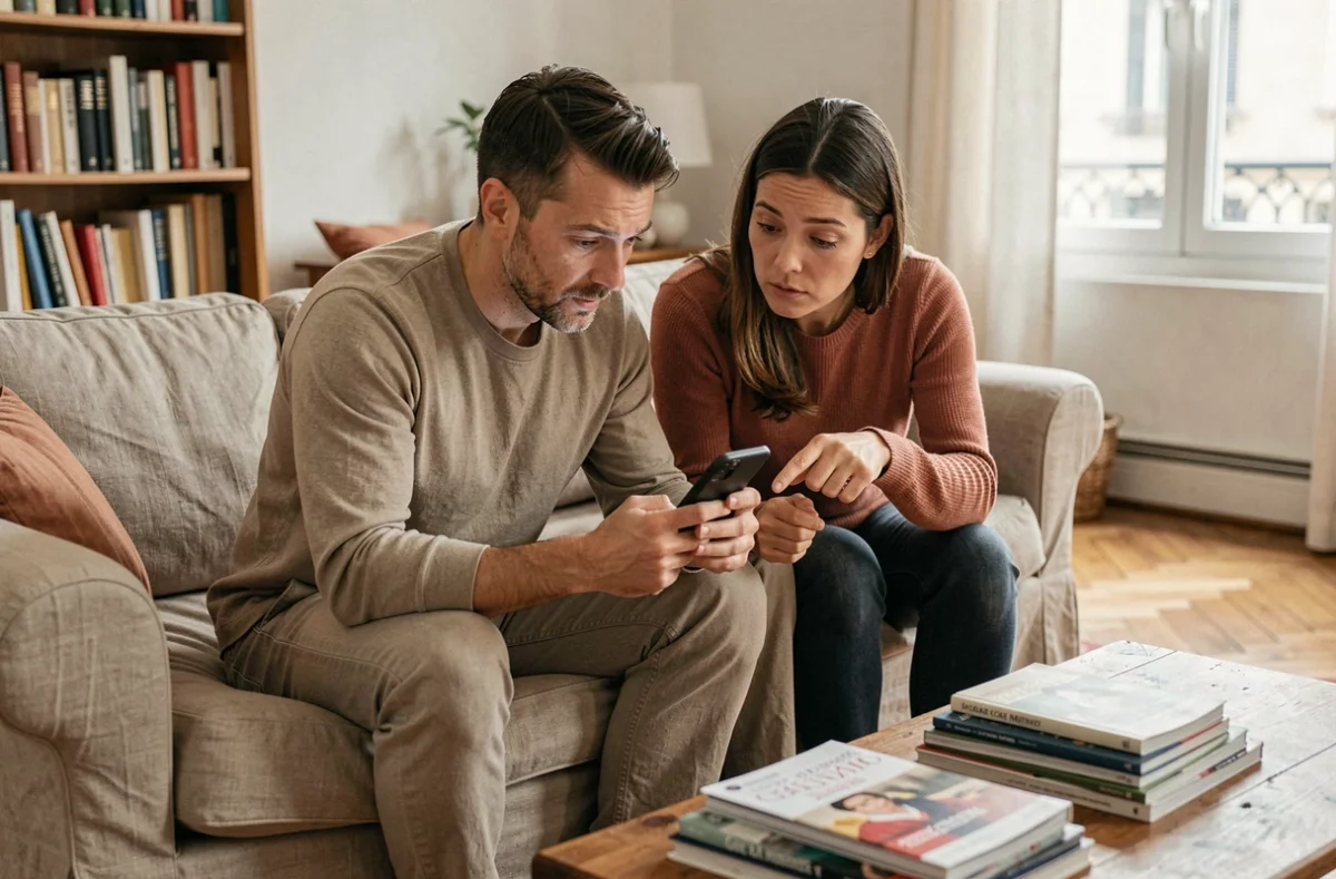 Couple vérifiant ensemble des prélèvements suspects sur une application bancaire mobile dans leur salon