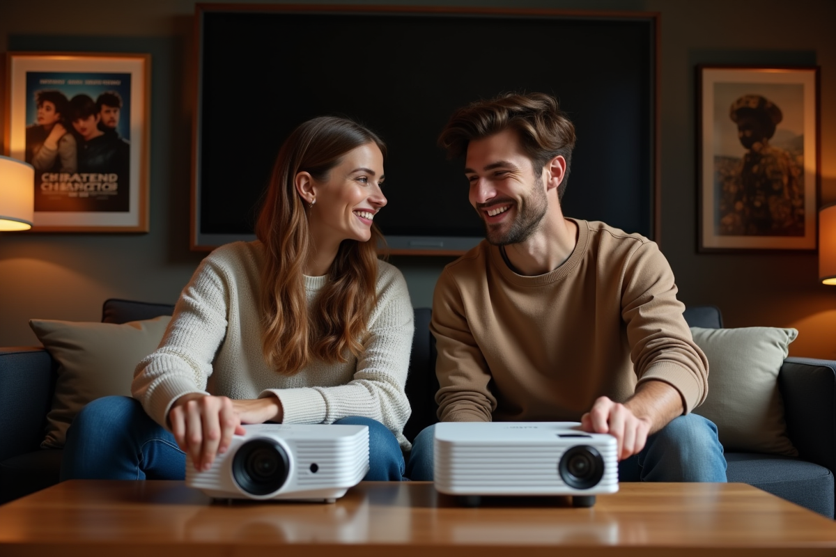 Jeune couple comparant deux projecteurs dans un salon cosy