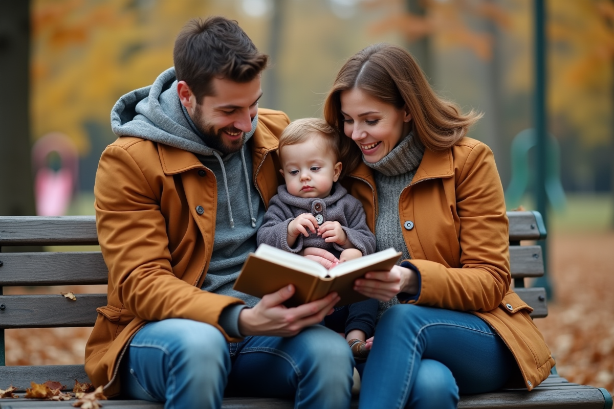 Couple homosexuel avec enfant dans un parc en automne