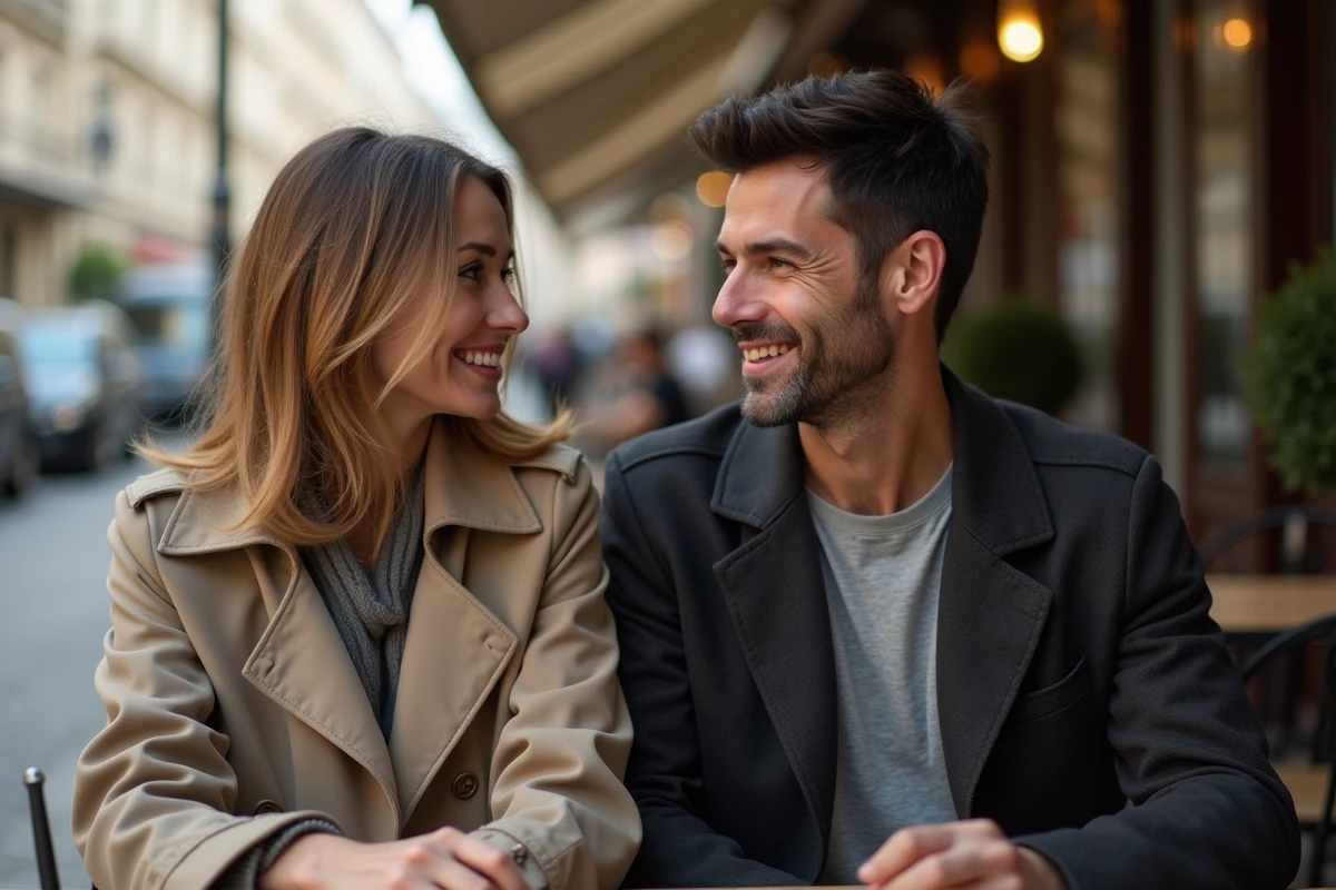 Couple parisien souriant au café en terrasse