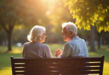 Couple senior souriant main dans la main dans un parc ensoleille