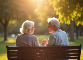 Couple senior souriant main dans la main dans un parc ensoleille