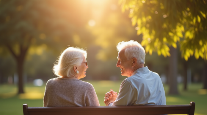 Couple senior souriant main dans la main dans un parc ensoleille