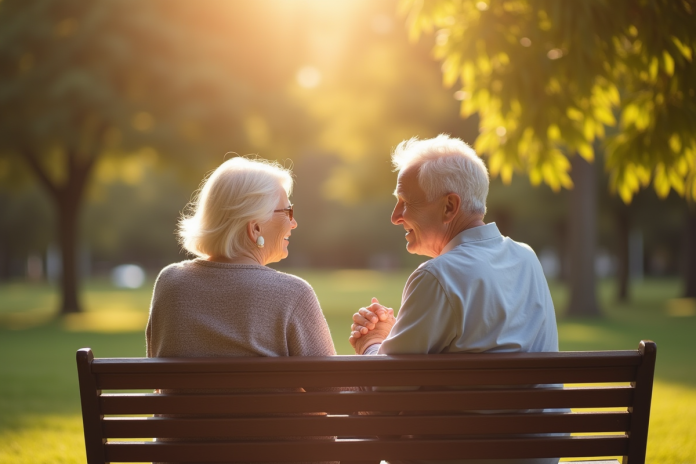 Couple senior souriant main dans la main dans un parc ensoleille