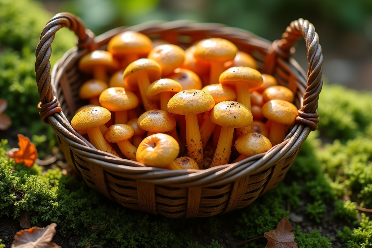 Chanterelles récoltées dans un panier en bois sur sol forestier