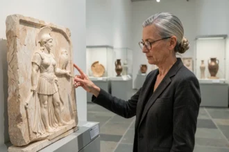 Curatrice examinant un relief en marbre représentant Athéna dans un musée d'archéologie grecque