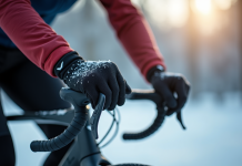 Cycliste en hiver portant gants isolants sur un vélo