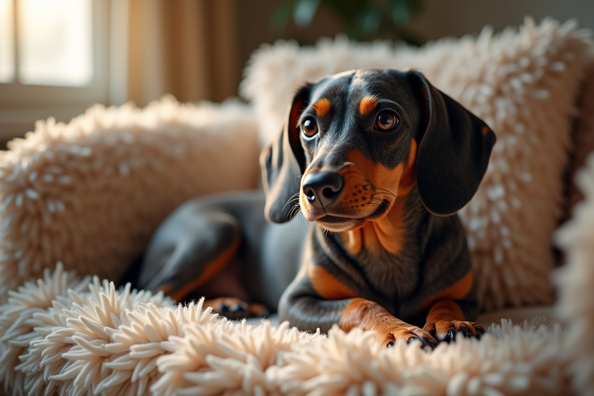 Dachshund merle allongé sur canapé intérieur