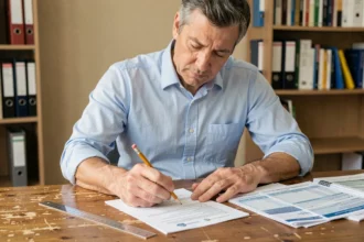 Homme remplissant une déclaration fiscale avec des formulaires officiels et une règle sur un bureau en bois à domicile