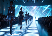 Défilé de mode futuriste avec tenues numériques et hologrammes