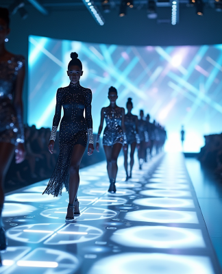 Défilé de mode futuriste avec tenues numériques et hologrammes