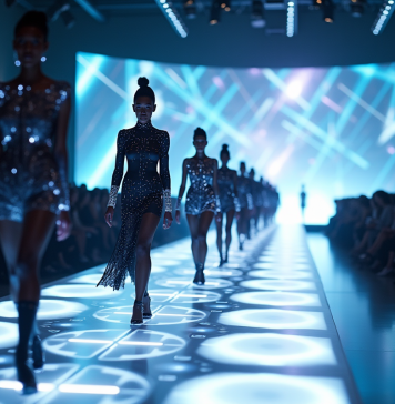 Défilé de mode futuriste avec tenues numériques et hologrammes