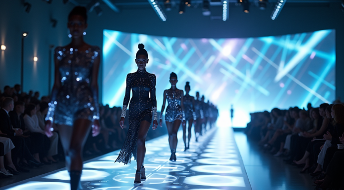 Défilé de mode futuriste avec tenues numériques et hologrammes