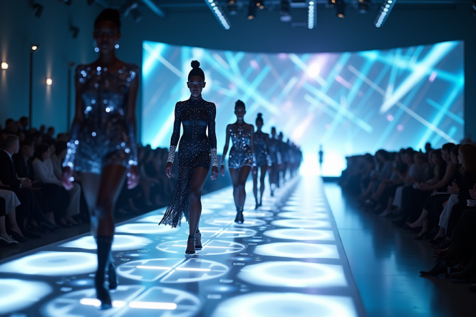 Défilé de mode futuriste avec tenues numériques et hologrammes