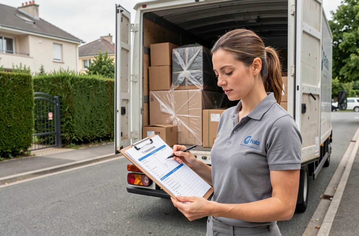 Coordinatrice de Demeco vérifiant un inventaire sur un bloc-notes devant un camion de déménagement chargé
