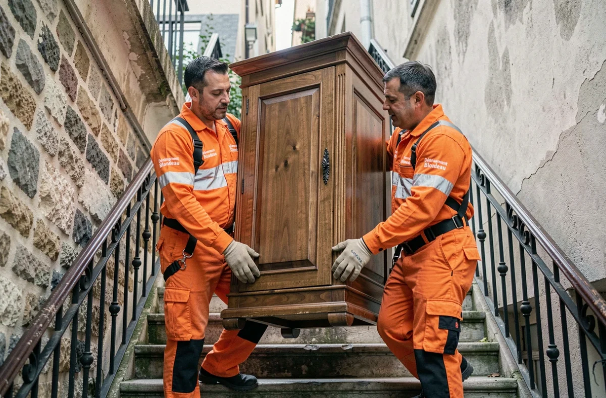 Déménageurs de Déménagement Blondeau portant une armoire dans un escalier ancien